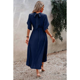 High Neckline Open Sleeve Ruched Solid Knot Belt Dress - MVTFASHION