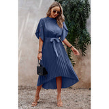 High Neckline Open Sleeve Ruched Solid Knot Belt Dress - MVTFASHION