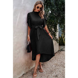 High Neckline Open Sleeve Ruched Solid Knot Belt Dress - MVTFASHION