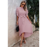 High Neckline Open Sleeve Ruched Solid Knot Belt Dress - MVTFASHION