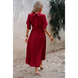 High Neckline Open Sleeve Ruched Solid Knot Belt Dress - MVTFASHION