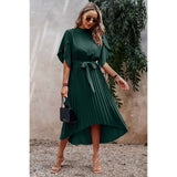 High Neckline Open Sleeve Ruched Solid Knot Belt Dress - MVTFASHION