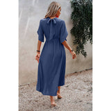 High Neckline Open Sleeve Ruched Solid Knot Belt Dress - MVTFASHION