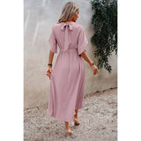 High Neckline Open Sleeve Ruched Solid Knot Belt Dress - MVTFASHION