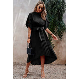 High Neckline Open Sleeve Ruched Solid Knot Belt Dress - MVTFASHION