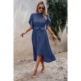 High Neckline Open Sleeve Ruched Solid Knot Belt Dress - MVTFASHION