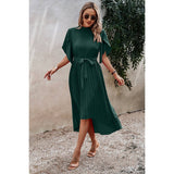 High Neckline Open Sleeve Ruched Solid Knot Belt Dress - MVTFASHION