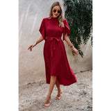 High Neckline Open Sleeve Ruched Solid Knot Belt Dress - MVTFASHION