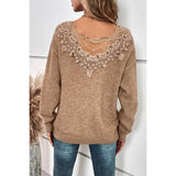 Knit Color Block Low Back Lace Loose Fit Pullover - MVTFASHION.COM