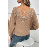 Knit Color Block Low Back Lace Loose Fit Pullover - MVTFASHION.COM