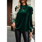 Knot Back Cut Out Mock Neck Solid Velvet Blouse - MVTFASHION.COM