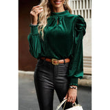 Knot Back Cut Out Mock Neck Solid Velvet Blouse - MVTFASHION.COM