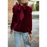 Knot Back Cut Out Mock Neck Solid Velvet Blouse - MVTFASHION.COM