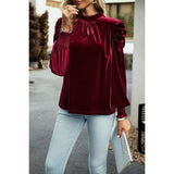 Knot Back Cut Out Mock Neck Solid Velvet Blouse - MVTFASHION.COM