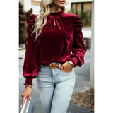 Knot Back Cut Out Mock Neck Solid Velvet Blouse - MVTFASHION.COM