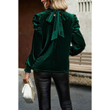 Knot Back Cut Out Mock Neck Solid Velvet Blouse - MVTFASHION.COM