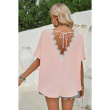 Knot Back Open Back Lace Trim Solid Loose Fit Top - MVTFASHION.COM