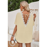 Knot Back Open Back Lace Trim Solid Loose Fit Top - MVTFASHION.COM