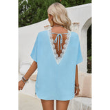 Knot Back Open Back Lace Trim Solid Loose Fit Top - MVTFASHION.COM