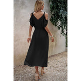 Knot Shoulder Open Sleeve Self Belt Solid Fit Dress - MVTFASHION