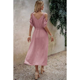 Knot Shoulder Open Sleeve Self Belt Solid Fit Dress - MVTFASHION