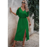 Knot Shoulder Open Sleeve Self Belt Solid Fit Dress - MVTFASHION