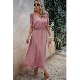 Knot Shoulder Open Sleeve Self Belt Solid Fit Dress - MVTFASHION