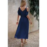 Knot Shoulder Open Sleeve Self Belt Solid Fit Dress - MVTFASHION