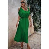 Knot Shoulder Open Sleeve Self Belt Solid Fit Dress - MVTFASHION