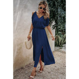 Knot Shoulder Open Sleeve Self Belt Solid Fit Dress - MVTFASHION