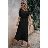 Knot Shoulder Open Sleeve Self Belt Solid Fit Dress - MVTFASHION