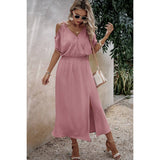 Knot Shoulder Open Sleeve Self Belt Solid Fit Dress - MVTFASHION