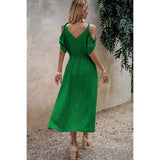 Knot Shoulder Open Sleeve Self Belt Solid Fit Dress - MVTFASHION