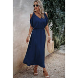 Knot Shoulder Open Sleeve Self Belt Solid Fit Dress - MVTFASHION