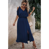 Knot Shoulder Open Sleeve Self Belt Solid Fit Dress - MVTFASHION