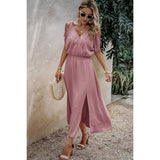 Knot Shoulder Open Sleeve Self Belt Solid Fit Dress - MVTFASHION