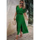 Knot Shoulder Open Sleeve Self Belt Solid Fit Dress - MVTFASHION