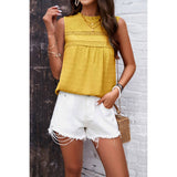 Lace Trim Solid Ruched Sleeveless Swiss Dot Top - MVTFASHION.COM