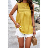 Lace Trim Solid Ruched Sleeveless Swiss Dot Top - MVTFASHION.COM