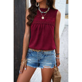 Lace Trim Solid Ruched Sleeveless Swiss Dot Top - MVTFASHION.COM