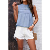 Lace Trim Solid Ruched Sleeveless Swiss Dot Top - MVTFASHION.COM