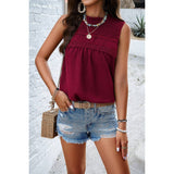 Lace Trim Solid Ruched Sleeveless Swiss Dot Top - MVTFASHION.COM