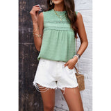 Lace Trim Solid Ruched Sleeveless Swiss Dot Top - MVTFASHION.COM