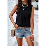 Lace Trim Solid Ruched Sleeveless Swiss Dot Top - MVTFASHION.COM