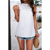 Lace Trim Solid Ruched Sleeveless Swiss Dot Top - MVTFASHION.COM