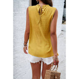 Lace Trim Solid Ruched Sleeveless Swiss Dot Top - MVTFASHION.COM