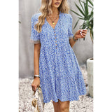 Leopard V Neck Button Hem Lace Ruffle A Line Dress - MVTFASHION