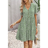 Leopard V Neck Button Hem Lace Ruffle A Line Dress - MVTFASHION