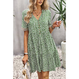 Leopard V Neck Button Hem Lace Ruffle A Line Dress - MVTFASHION