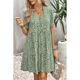 Leopard V Neck Button Hem Lace Ruffle A Line Dress - MVTFASHION